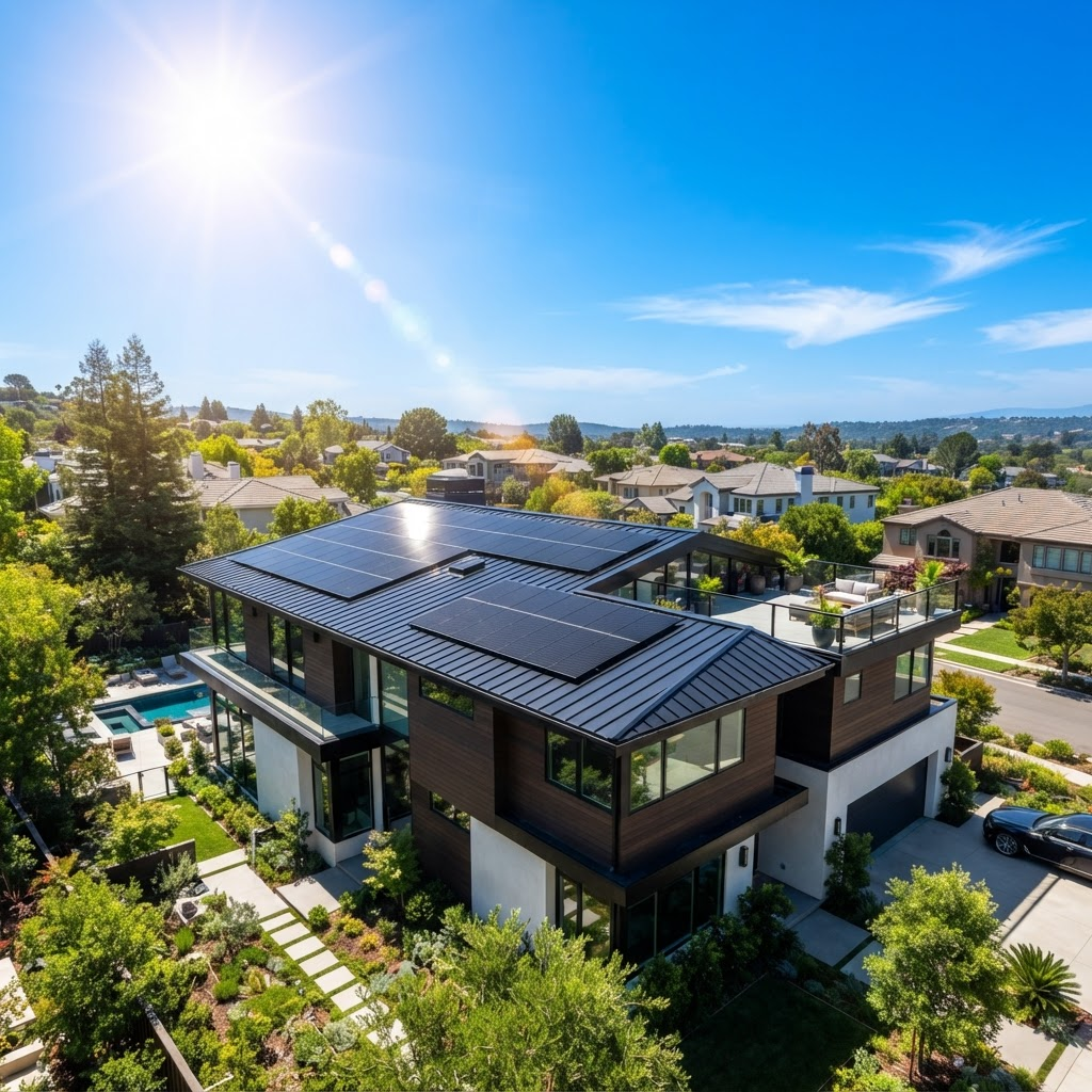 Modern home rooftop fitted with sleek solar panels under a clear blue sky
