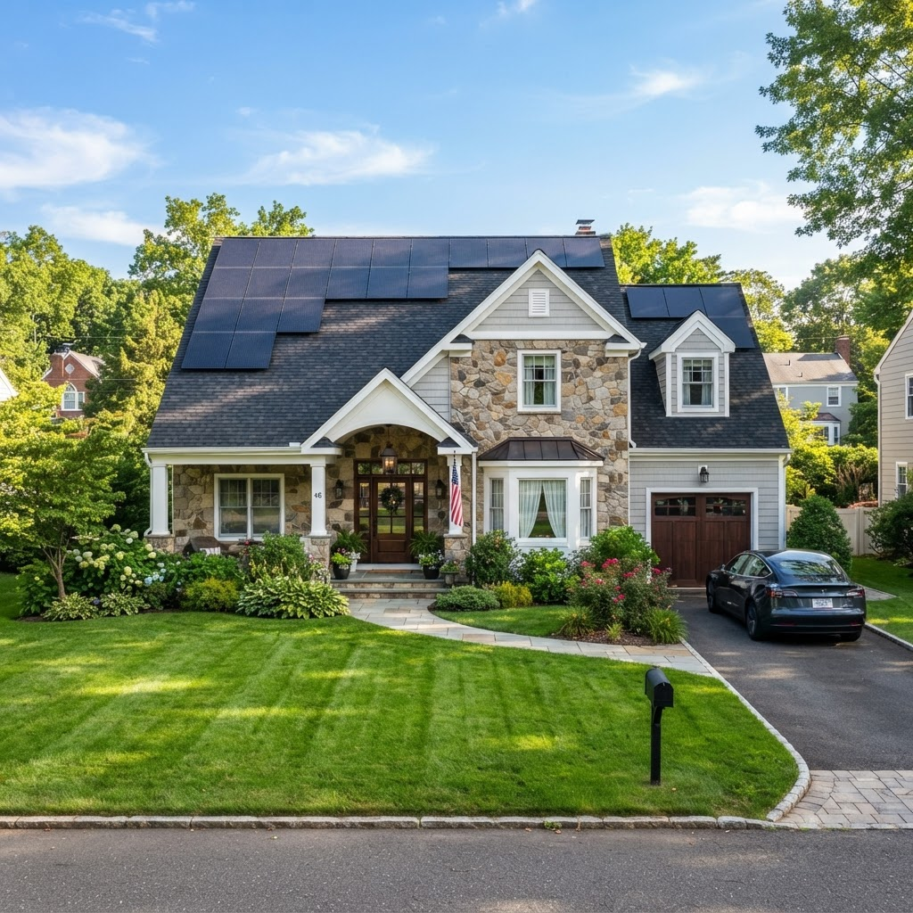 Suburban family home with solar panels on the roof